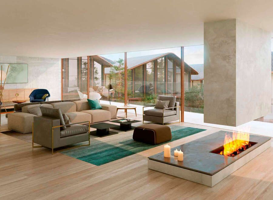 Stunning modern living space with floor-to-ceiling windows showcasing breathtaking views.