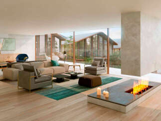 Stunning modern living space with floor-to-ceiling windows showcasing breathtaking views.