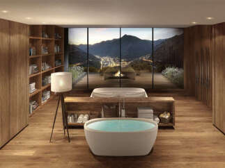 Luxury mountain retreat with breathtaking views and spa-like bathroom.