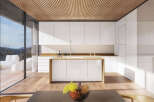 Modern kitchen with wooden ceiling and floor-to-ceiling windows offering stunning mountain views.