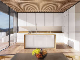 Modern kitchen with wooden ceiling and floor-to-ceiling windows offering stunning mountain views.