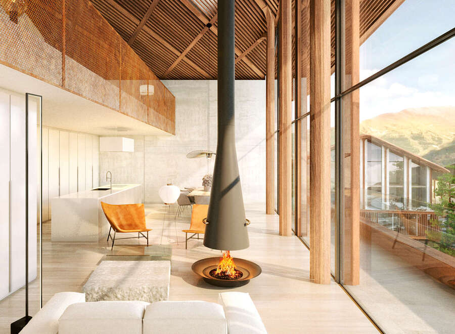 Stunning modern home with open floor plan, featuring a sleek fireplace as the centerpiece.