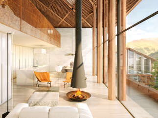 Stunning modern home with open floor plan, featuring a sleek fireplace as the centerpiece.
