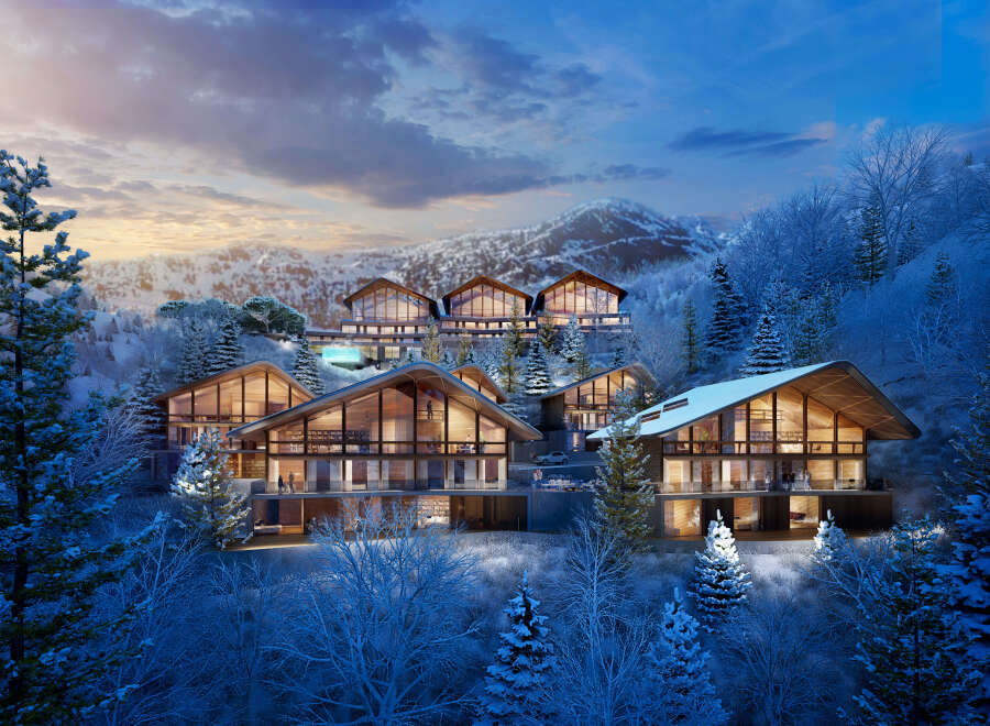 Luxury ski-in/ski-out homes nestled in a snowy mountainside.