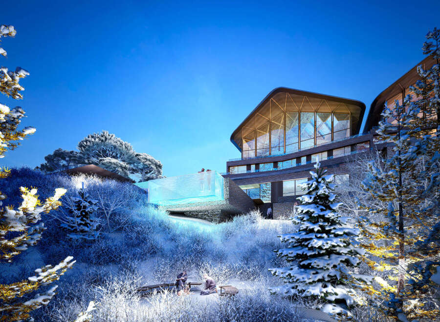 Luxury mountain lodge with stunning glass-edge infinity pool offering breathtaking views.