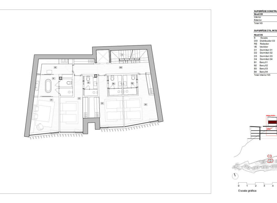 This is a detailed architectural plan of a level within a building, showcasing the interior layout with precise measurements.