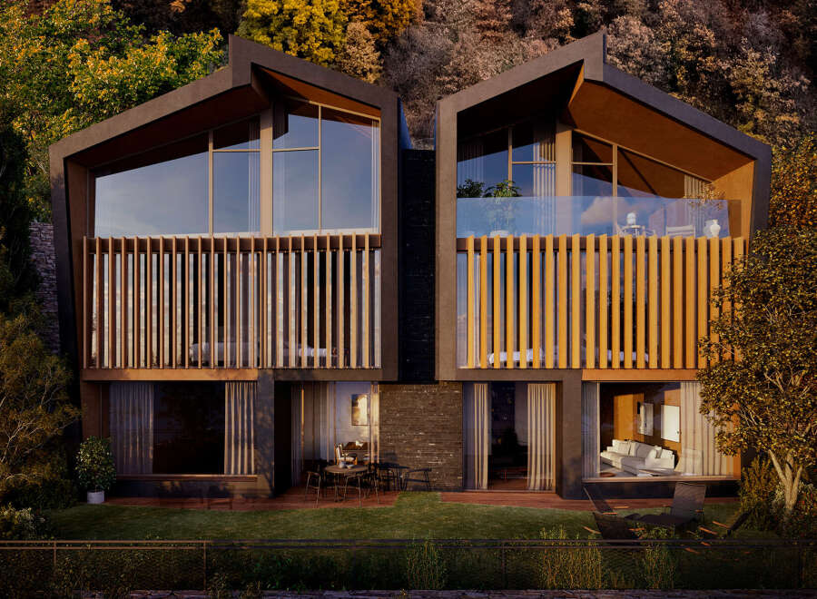 Luxury duplexes nestled in nature, boasting expansive windows and private balconies.