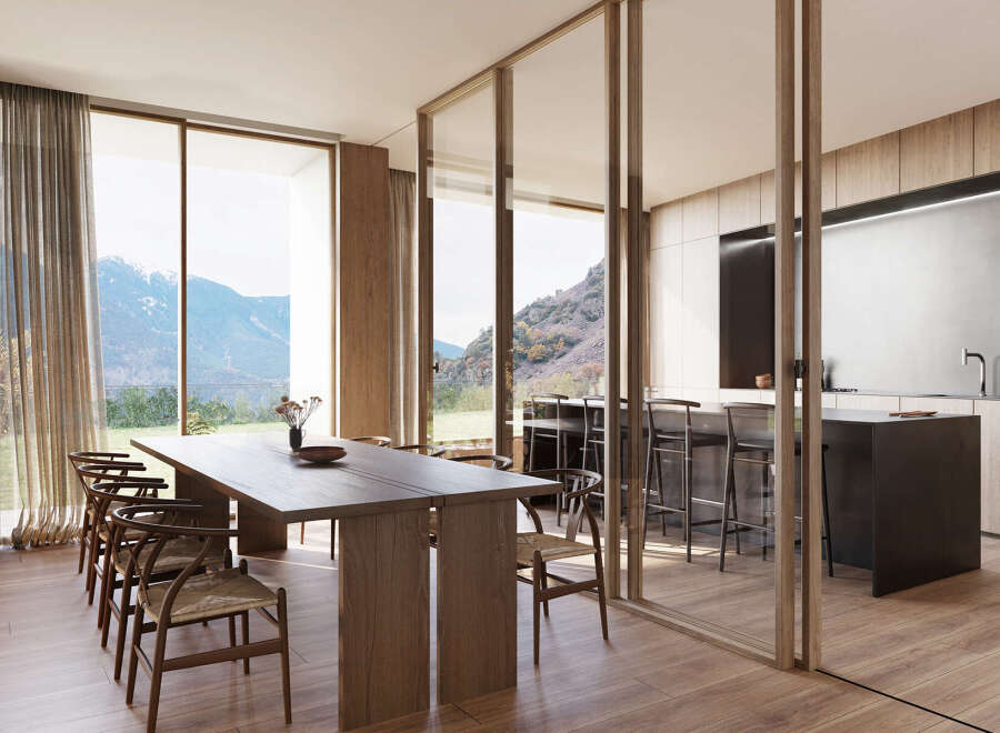 Stunning mountain views from this modern home's open-concept dining area.