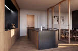 Stunning modern kitchen with sleek dark countertops and wood cabinetry, seamlessly integrated with a dining area.