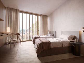 Wake up to breathtaking views from this serene bedroom, featuring twin beds and a minimalist design.