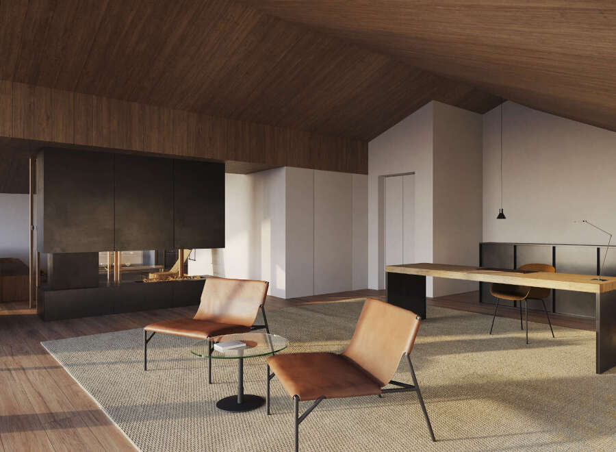 Modern living space with a sleek fireplace and comfortable leather armchairs.