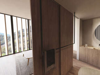 Modern bathroom with stunning mountain views and a sleek wooden wall.