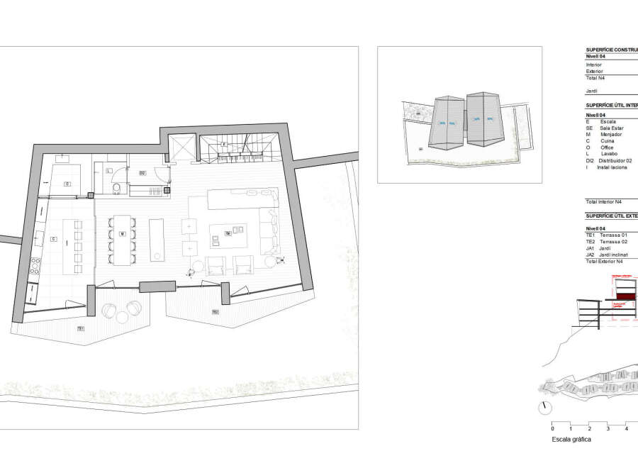 This floor plan showcases a modern home design, highlighting spacious terraces and an open-concept living area.