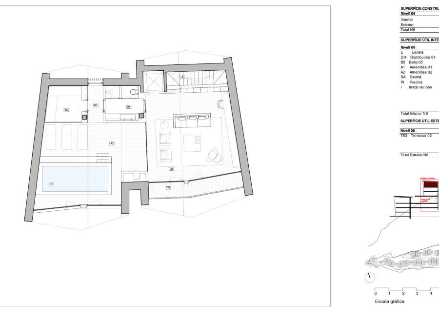 This floor plan showcases a luxurious property with a sauna, swimming pool, and terrace, ideal for relaxation and entertainment.