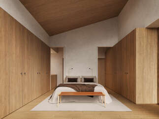 This stunning bedroom boasts a minimalist design with built-in wooden wardrobes, creating ample storage space.