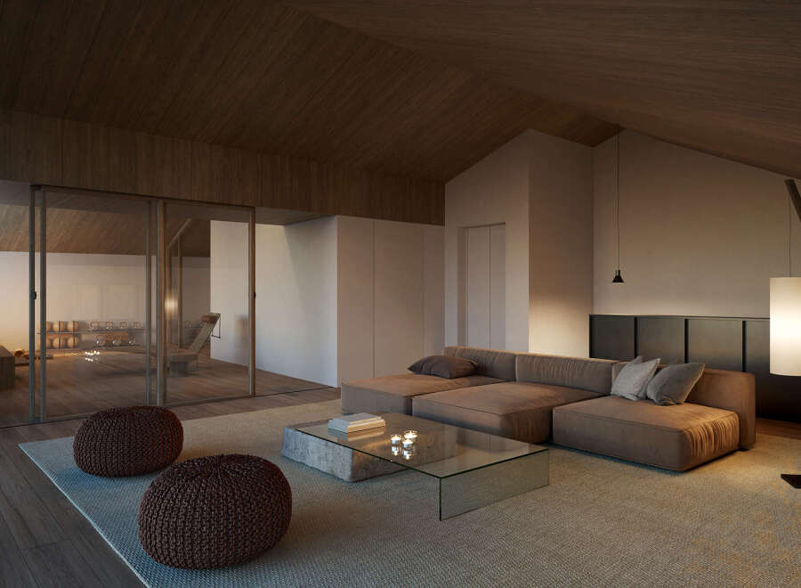 This stunning property boasts a spacious living area with a modern sectional sofa and unique coffee table, perfect for relaxation and entertaining.