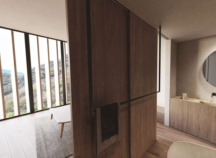 Modern bathroom with stunning mountain views and a sleek wooden wall.