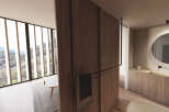 Modern bathroom with stunning mountain views and a sleek wooden wall.