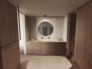 Luxurious bathroom with a freestanding bathtub and double vanity.