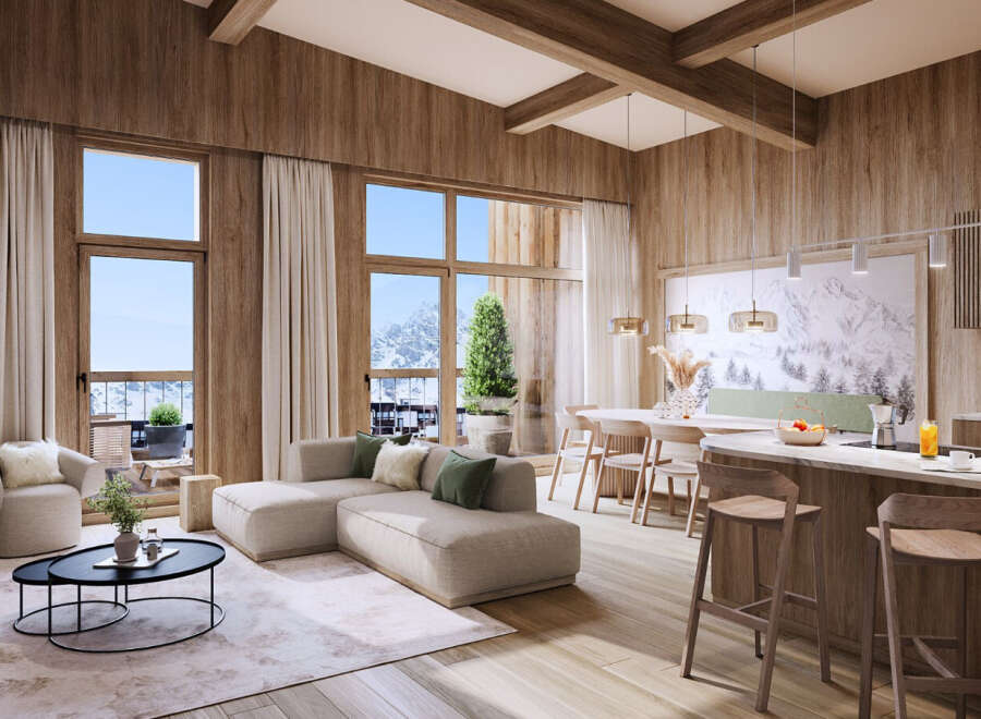 This stunning apartment boasts a spacious open-plan living area with floor-to-ceiling windows offering breathtaking mountain views.