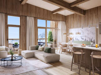 This stunning apartment boasts a spacious open-plan living area with floor-to-ceiling windows offering breathtaking mountain views.