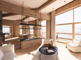This stunning chalet boasts a spacious open-plan living area with floor-to-ceiling windows offering breathtaking mountain views.