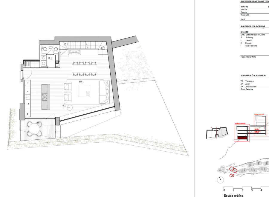 This floor plan showcases a modern home design with an open-concept living, dining, and kitchen area, seamlessly connected to an outdoor terrace and garden.