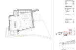 This floor plan showcases a modern home design with an open-concept living, dining, and kitchen area, seamlessly connected to an outdoor terrace and garden.