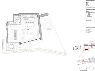 This floor plan showcases a modern home design with an open-concept living, dining, and kitchen area, seamlessly connected to an outdoor terrace and garden.