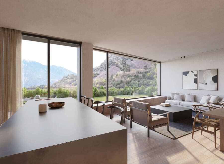 Stunning mountain views from this open-concept living space.