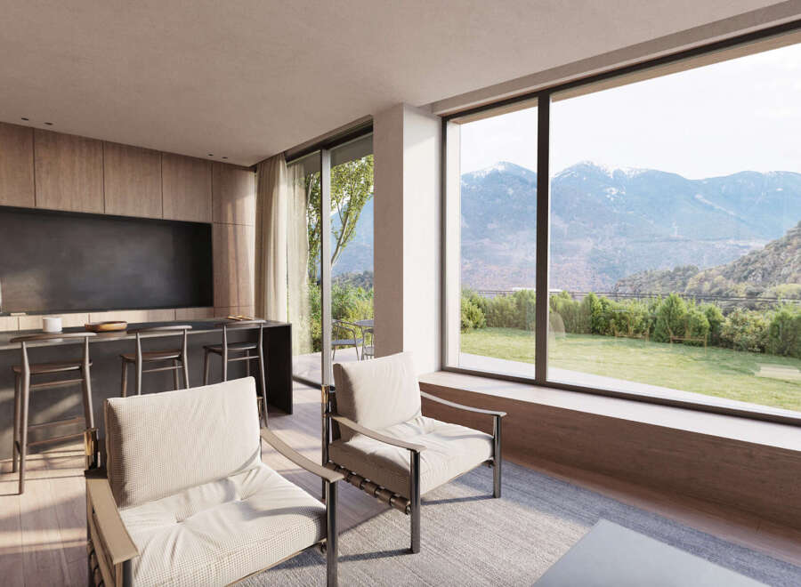 This stunning property boasts breathtaking mountain views from its expansive windows, creating a serene and tranquil atmosphere.