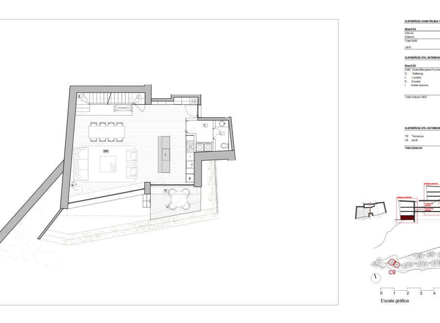 This floor plan showcases a modern residence with an open-concept living, dining, and kitchen area, seamlessly extending to an outdoor terrace.