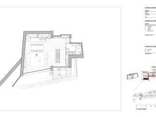 This floor plan showcases a modern residence with an open-concept living, dining, and kitchen area, seamlessly extending to an outdoor terrace.