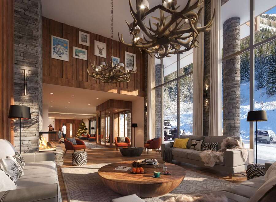 Luxury ski lodge with stunning mountain views and a spacious, inviting lobby.