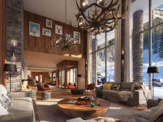 Luxury ski lodge with stunning mountain views and a spacious, inviting lobby.