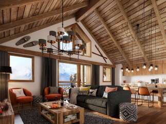 This stunning chalet boasts a spacious open-plan living area with vaulted wooden ceilings and large windows offering breathtaking mountain views.