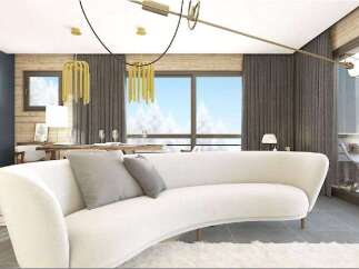 Stunning apartment boasts a modern, open-plan living area with a curved sofa and large windows offering breathtaking views.