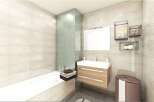 Modern bathroom with light beige tiles, a built-in bathtub, and a floating vanity with two drawers.