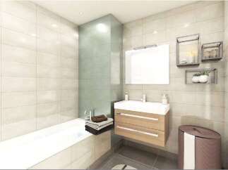 Modern bathroom with light beige tiles, a built-in bathtub, and a floating vanity with two drawers.