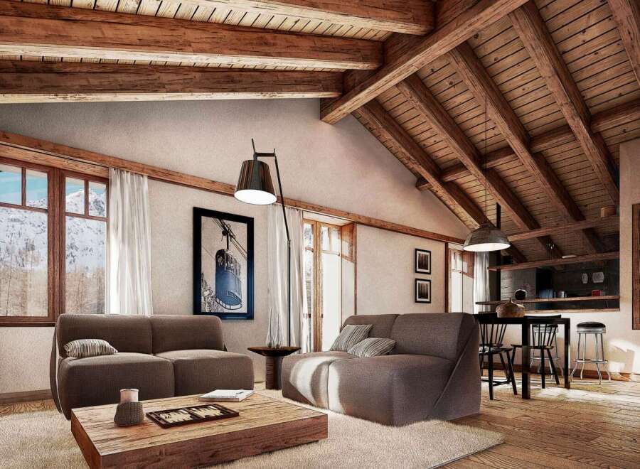 This stunning chalet boasts a spacious open-plan living area with exposed wooden beams and large windows offering breathtaking mountain views.