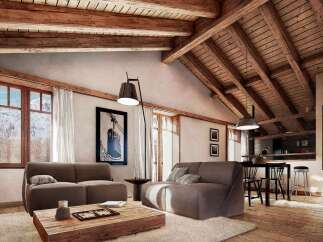 This stunning chalet boasts a spacious open-plan living area with exposed wooden beams and large windows offering breathtaking mountain views.