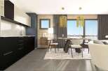 Stunning modern apartment boasts an open-plan kitchen with sleek black cabinetry and integrated appliances.