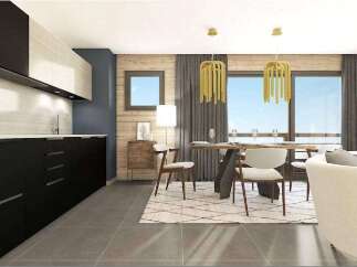 Stunning modern apartment boasts an open-plan kitchen with sleek black cabinetry and integrated appliances.