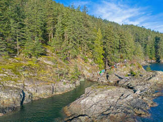 Secluded waterfront property nestled amongst lush evergreen forest.