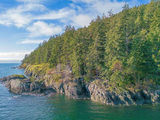Discover this breathtaking waterfront property nestled amidst lush evergreen forests.