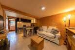 Cozy chalet apartment with open plan kitchen and living area.