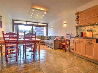 This charming apartment boasts a spacious living area with large windows offering stunning mountain views, a fully equipped kitchen, and a cozy dining area perfect for family meals.