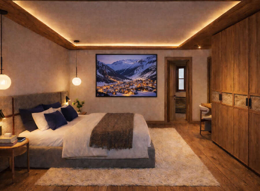 Experience the epitome of luxury in this stunning bedroom, featuring a cozy bed, elegant lighting, and a breathtaking mountain view artwork.
