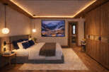 Experience the epitome of luxury in this stunning bedroom, featuring a cozy bed, elegant lighting, and a breathtaking mountain view artwork.