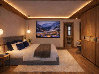 Experience the epitome of luxury in this stunning bedroom, featuring a cozy bed, elegant lighting, and a breathtaking mountain view artwork.